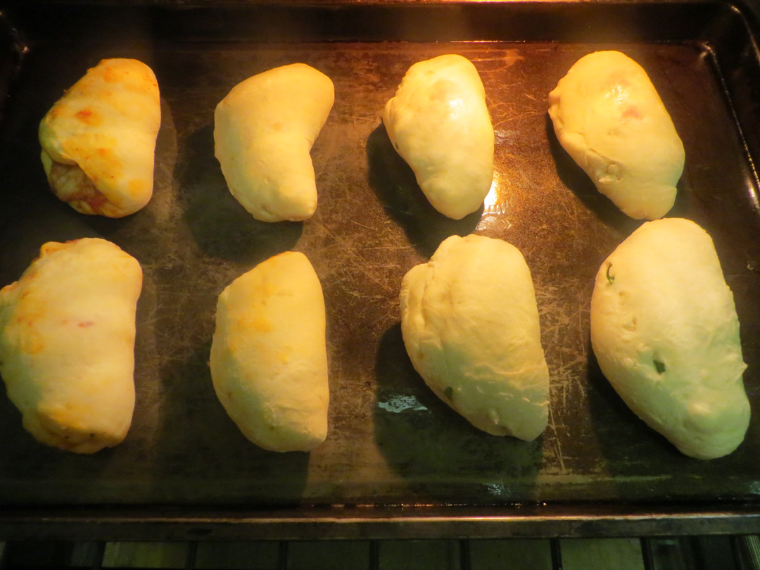 Calzone in the oven.