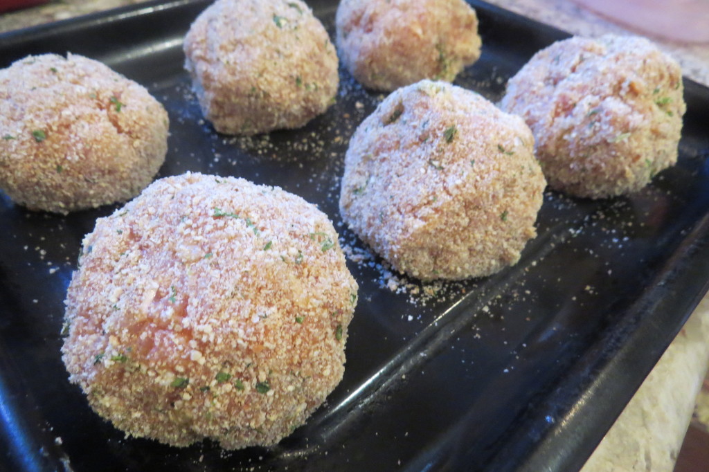 Step 3: roll the meatballs in breadcrumbs. Lightly spray, and bake at 375˚ for 45-50 minutes, until crispy.