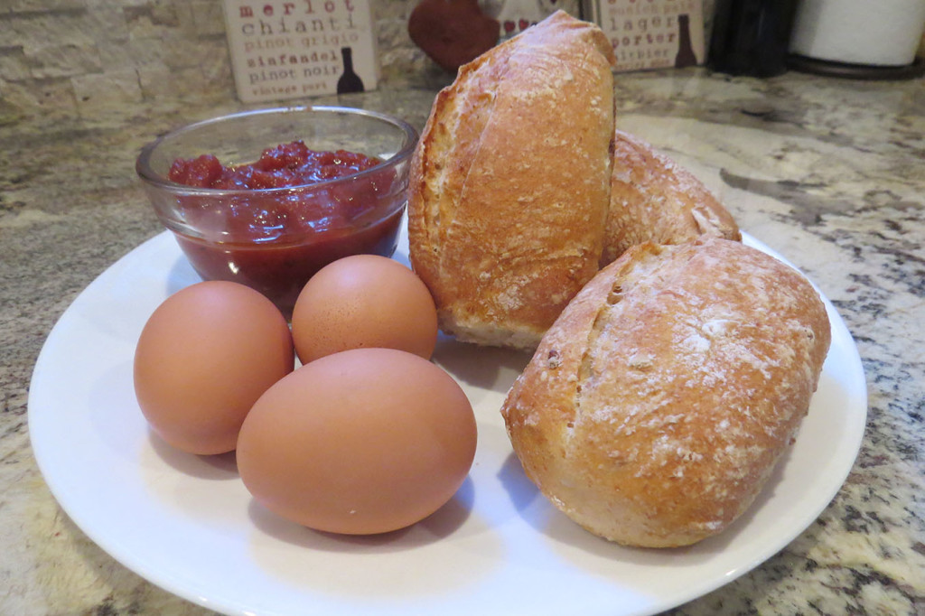 The basic ingredients: eggs, bruschetta and dinner rolls