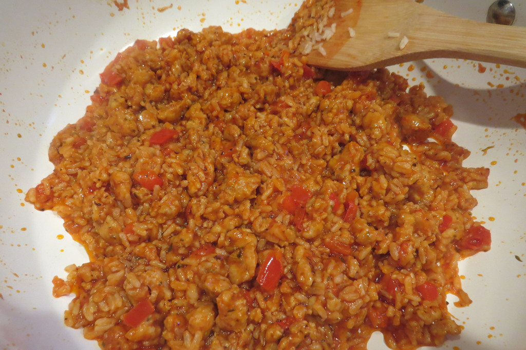 My sausage, peppers, rice and tomato sauce filling.