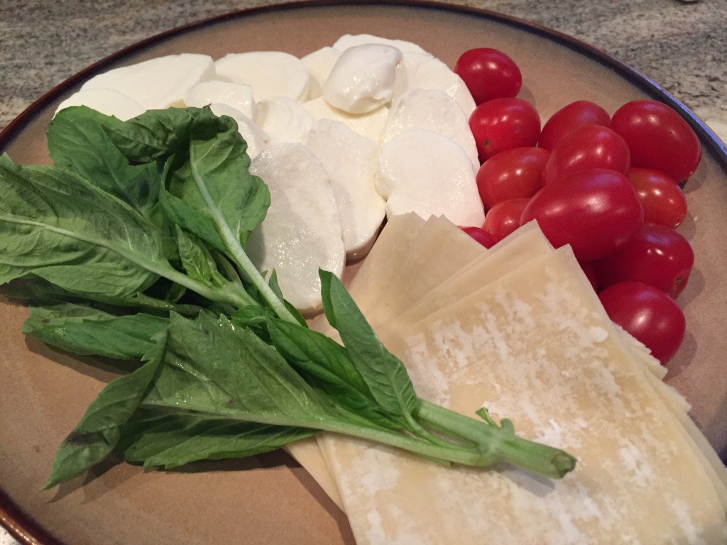 The basic ingredients: mozzarella, tomatoes, basil and wonton wrappers.